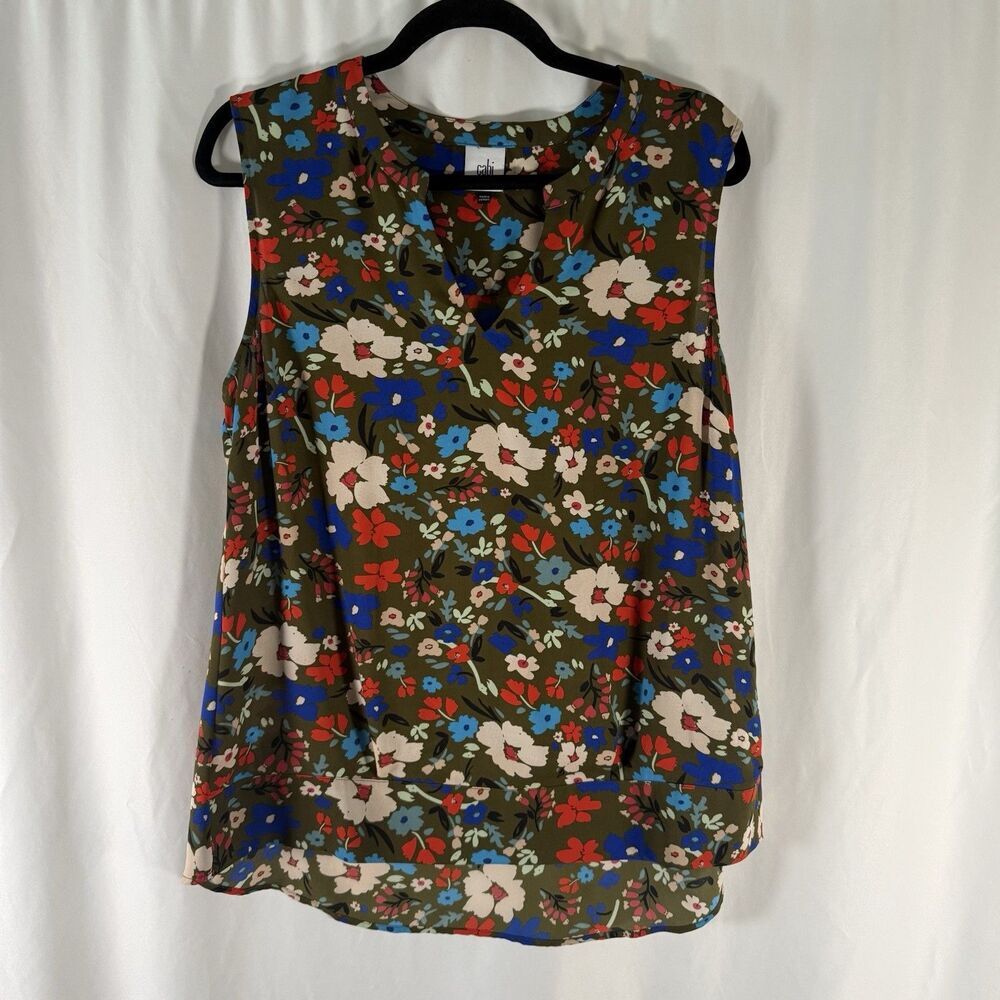 cabi Blouse Women's Medium Green Red Floral Sleeveless Vneck